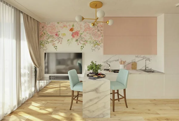 pembe ve turkuaz renklerde stüdyo daire, 3D render