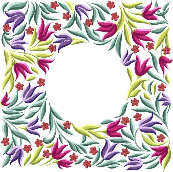 Couronne de cadre floral ronde avec différentes fleurs — Image vectorielle