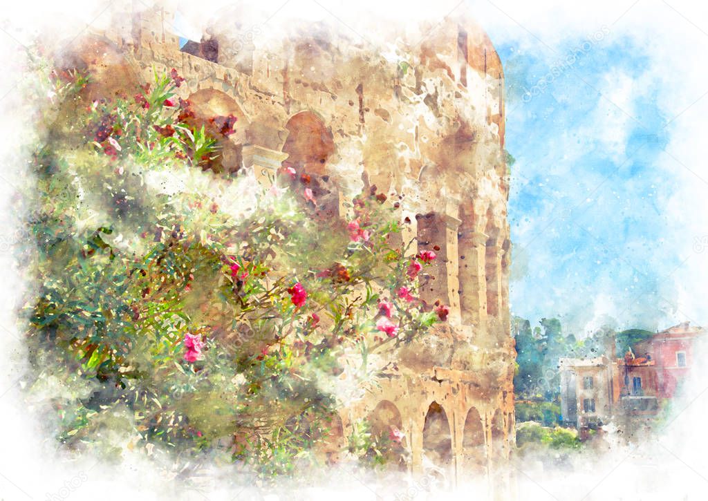 blooming rhododendron on a background of Colosseum