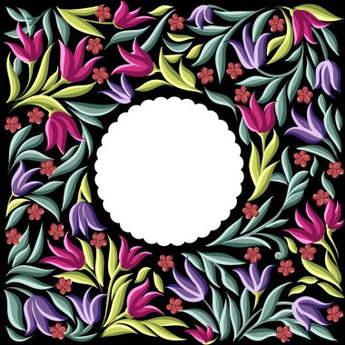 farklı çiçekler ile yuvarlak çiçek çerçeve çelenk