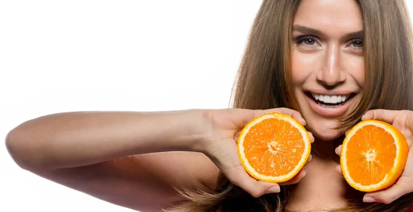 Portrait Attractive Caucasian Smiling Woman Isolated White Studio Shot Orange — Stock Photo, Image