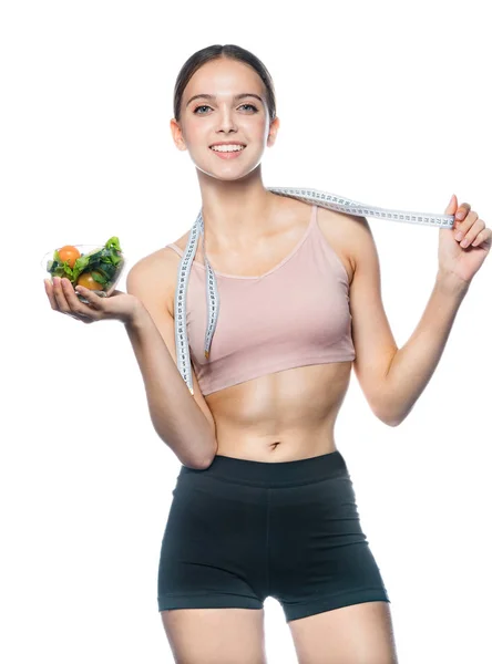 Attractive Caucasian Smiling Woman Isolated White Studio Shot Holding Salad — Stock Photo, Image