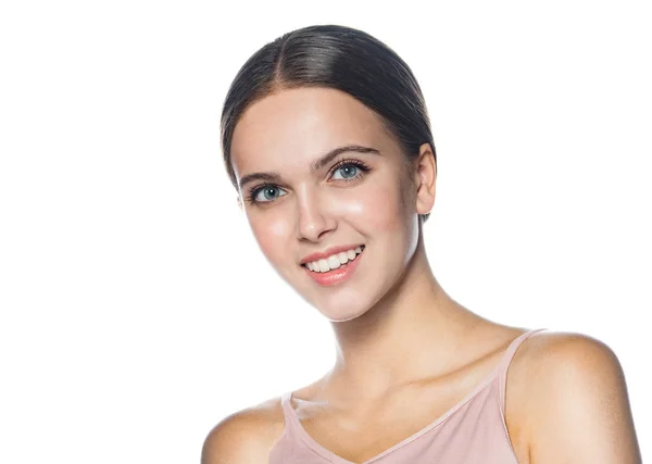 Retrato Atractiva Joven Caucásica Sonriente Mujer Aislado Blanco Estudio Disparo — Foto de Stock