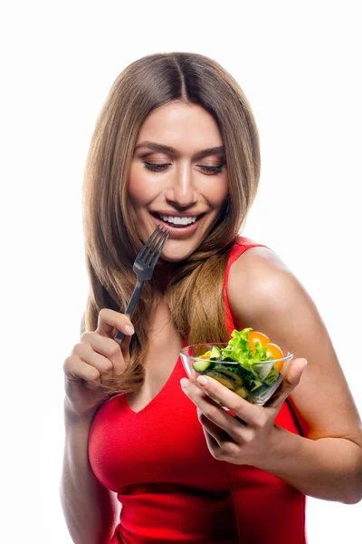 Atractivo Joven Caucásico Sonriente Mujer Aislado Blanco Estudio Disparo Comer —  Fotos de Stock