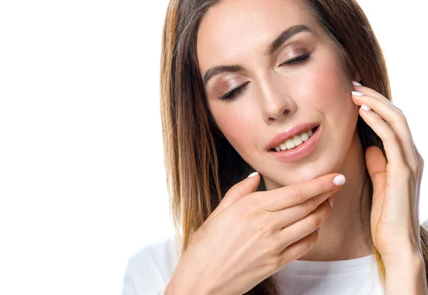 Closeup Beauty Portrait Attractive Young Caucasian Woman Brunette Isolated White — Stock Photo, Image