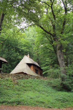 Polonya, Sanok - 05 Ağustos 2018: Sanok, Polonya'daki etnografya müzesinde otantik eski ahşap binalar. Sanok'taki Skansen açık hava müzesi Polonya'nın en büyüğü..