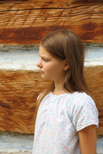 Menina Adolescente Bonita Sobre Parede Madeira Velha Antiga Casa Campo — Fotografia de Stock