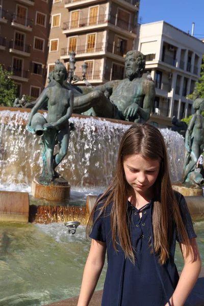 Valencia Spain June 2018 People Fountain Rio Turia Square Virgin — Stock Photo, Image