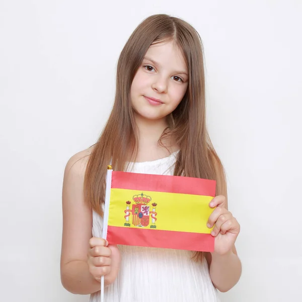 Vackra Teen Flicka Och Spansk Flagg Flagg — Stockfoto