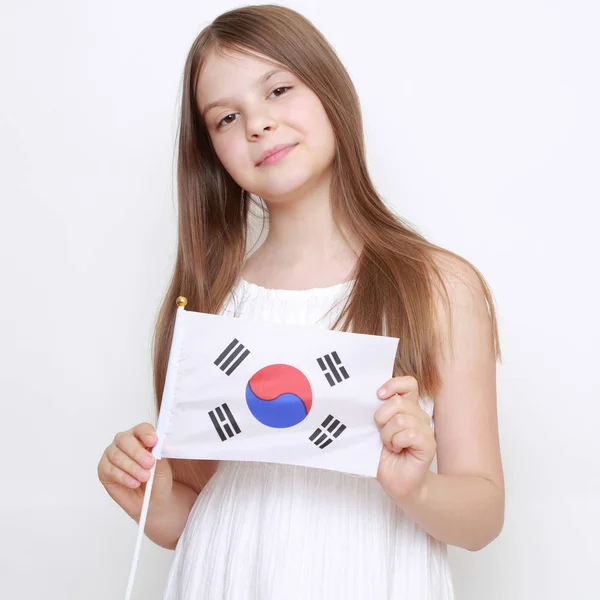Красивая Маленькая Девочка Японский Флаг — стоковое фото