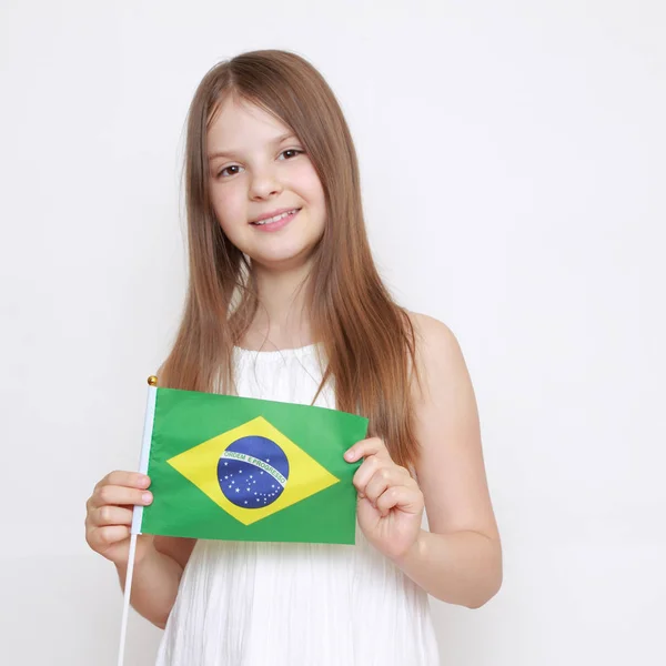 Ragazza Teenager Felice Bandiera Brasiliana Bandiera Del Brasile — Foto Stock