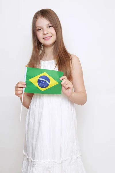 Menina Adolescente Feliz Bandeira Brasileira Bandeira Brasil — Fotografia de Stock