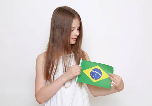 Menina Adolescente Feliz Bandeira Brasileira Bandeira Brasil — Fotografia de Stock