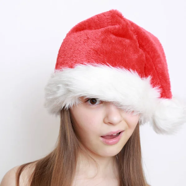 Liten Flicka Santa Hatt — Stockfoto