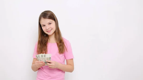 Adolescente Menina Segurando Dinheiro Polonês Zloty Dinheiro Polônia — Fotografia de Stock