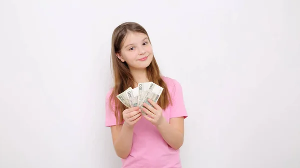 Adolescente Menina Segurando Dinheiro Polonês Zloty Dinheiro Polônia — Fotografia de Stock