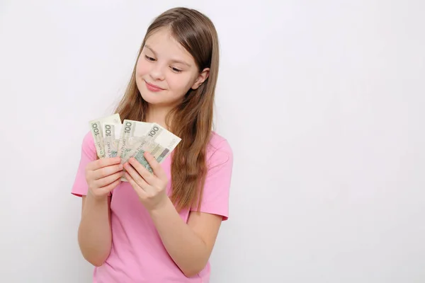 Chica Adolescente Sosteniendo Dinero Efectivo Polaco Zloty Dinero Polonia — Foto de Stock