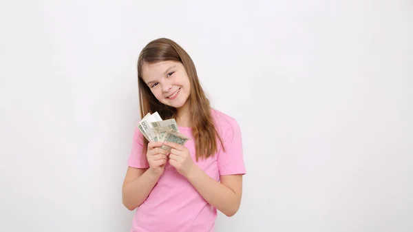 Teen Girl Gazdaság Lengyel Készpénz Pénz Zloty Pénz Lengyelország — Stock Fotó