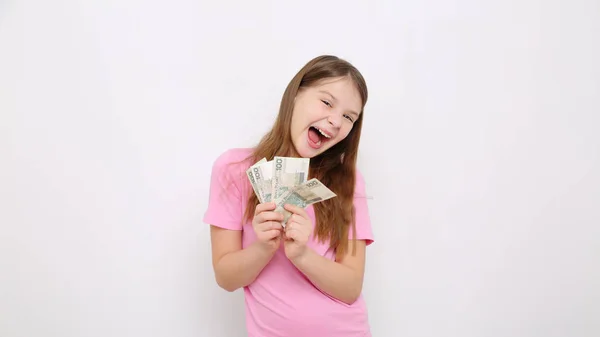 Adolescente Menina Segurando Dinheiro Polonês Zloty Dinheiro Polônia — Fotografia de Stock