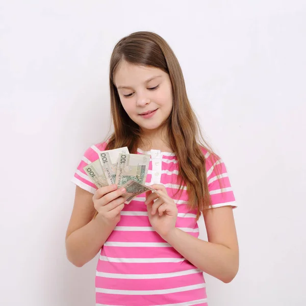 Adolescente Menina Segurando Dinheiro Polonês Zloty Dinheiro Polônia — Fotografia de Stock