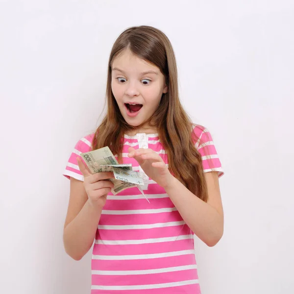 Adolescente Menina Segurando Dinheiro Polonês Zloty Dinheiro Polônia — Fotografia de Stock