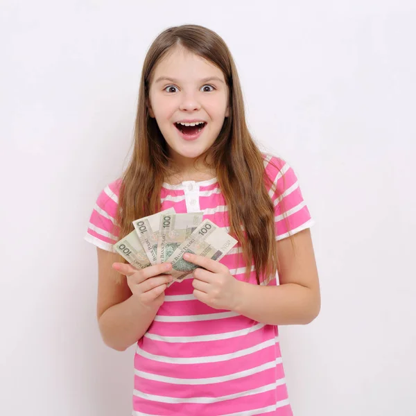 Adolescente Menina Segurando Dinheiro Polonês Zloty Dinheiro Polônia — Fotografia de Stock