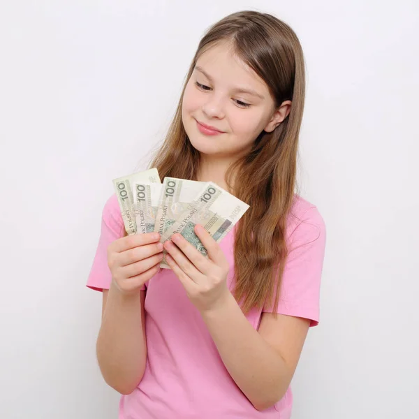 Adolescente Menina Segurando Dinheiro Polonês Zloty Dinheiro Polônia — Fotografia de Stock