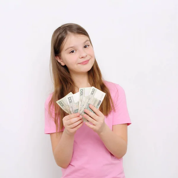 Adolescente Menina Segurando Dinheiro Polonês Zloty Dinheiro Polônia — Fotografia de Stock