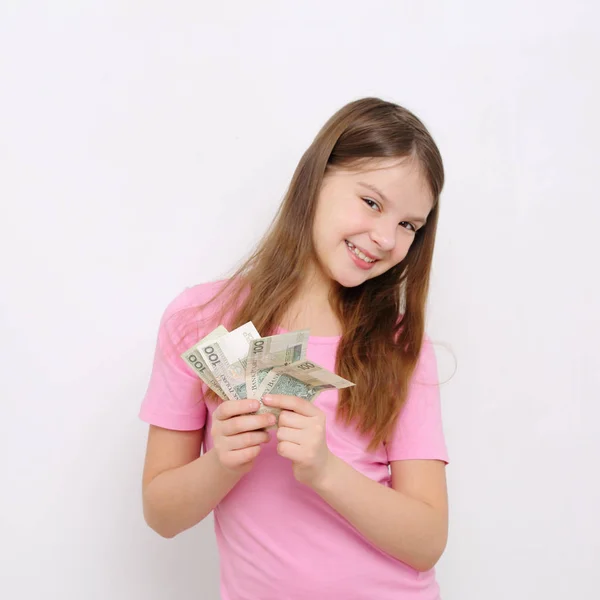 Adolescente Menina Segurando Dinheiro Polonês Zloty Dinheiro Polônia — Fotografia de Stock