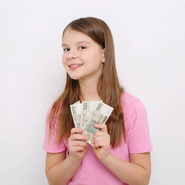 Adolescente Menina Segurando Dinheiro Polonês Zloty Dinheiro Polônia — Fotografia de Stock