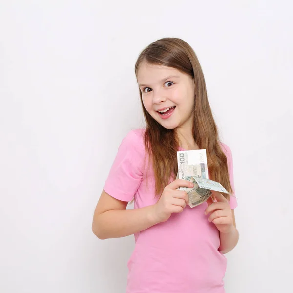 Adolescente Menina Segurando Dinheiro Polonês Zloty Dinheiro Polônia — Fotografia de Stock