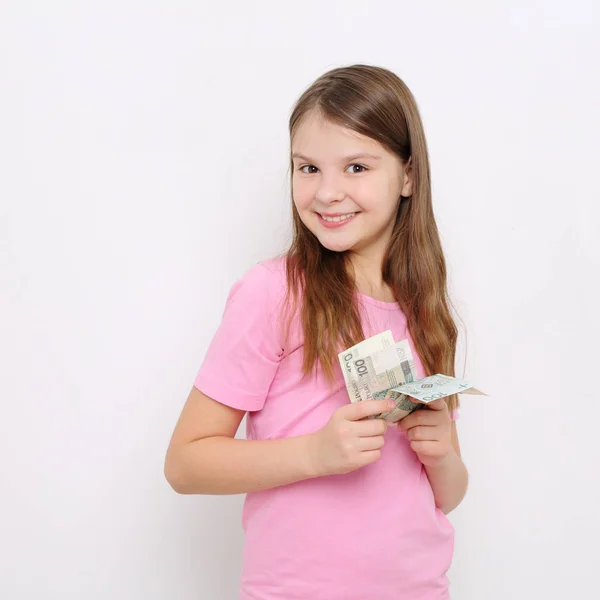 Adolescente Menina Segurando Dinheiro Polonês Zloty Dinheiro Polônia — Fotografia de Stock