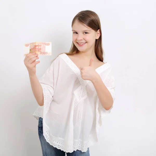 Adolescente Chica Celebración Rusa Dinero Efectivo Rublos Dinero Federación Rusa — Foto de Stock