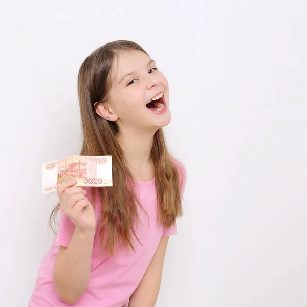 Teen Girl Holding Russian Cash Money Roubles Money Russian Federation — Stock Photo, Image