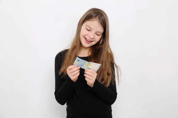 Cute Girl Holding Euro Cash Money Business Finance Theme — Stock Photo, Image