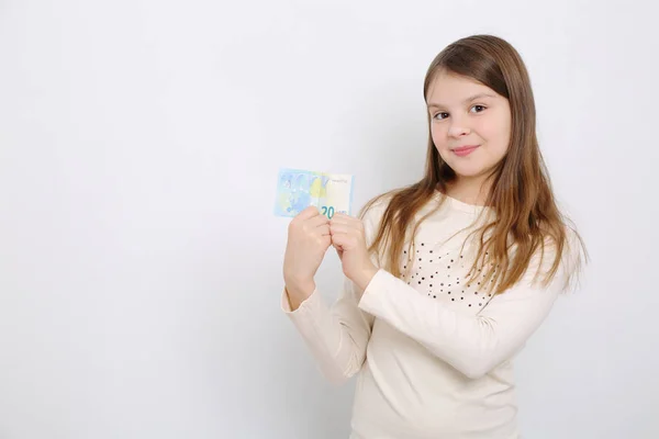 Χαριτωμένο Κορίτσι Εκμετάλλευση Ευρώ Μετρητά Χρήματα Στις Επιχειρήσεις Και Χρηματοδότηση — Φωτογραφία Αρχείου