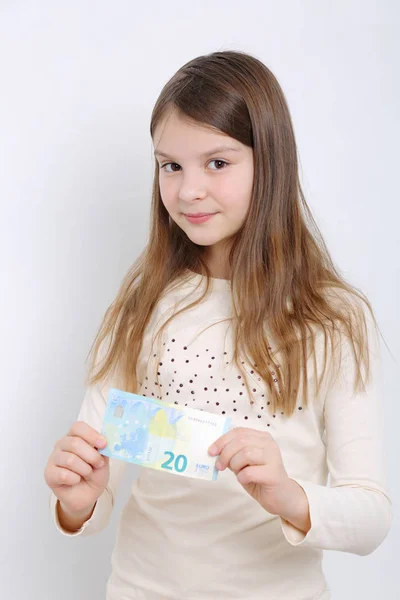 Ładna Dziewczyna Trzyma Pieniądze Gotówka Euro Temat Biznesu Finansów — Zdjęcie stockowe