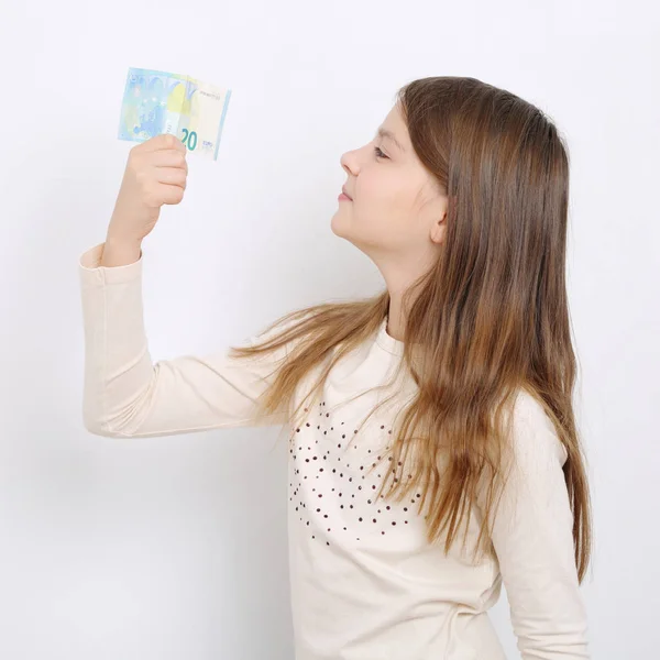 Cute Girl Holding Euro Cash Money Business Finance Theme — Stock Photo, Image