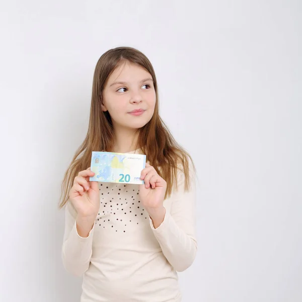 Menina Bonito Segurando Dinheiro Dinheiro Euro Tema Negócios Finanças — Fotografia de Stock