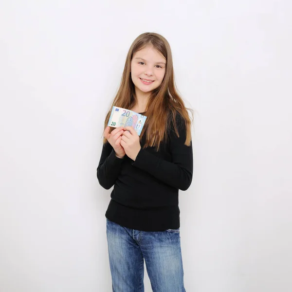 Cute Girl Holding Euro Cash Money Business Finance Theme — Stock Photo, Image