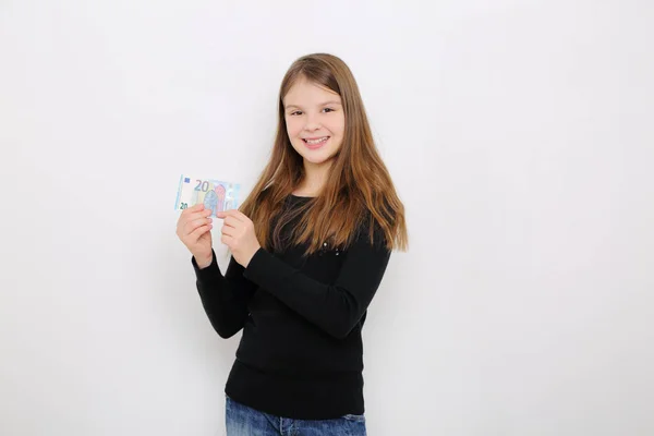 Menina Bonito Segurando Dinheiro Dinheiro Euro Tema Negócios Finanças — Fotografia de Stock