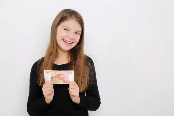 Russian Teen Girl Holding 5000 Rubles Five Thousands Roubles Cash — Stock Photo, Image