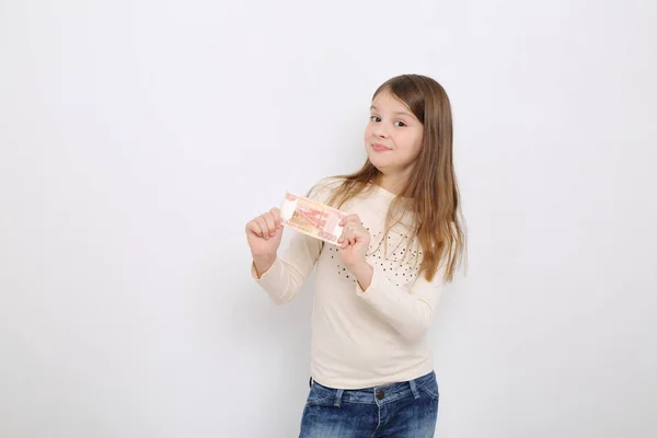 Russian Teen Girl Holding 5000 Rubles Five Thousands Roubles Cash — Stock Photo, Image