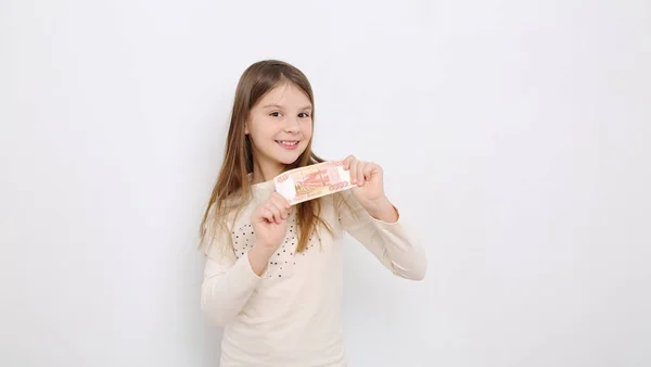 Russian Teen Girl Holding 5000 Rubles Five Thousands Roubles Cash — Stock Photo, Image