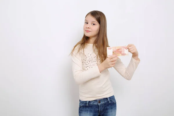 Russian Teen Girl Holding 5000 Rubles Five Thousands Roubles Cash — Stock Photo, Image