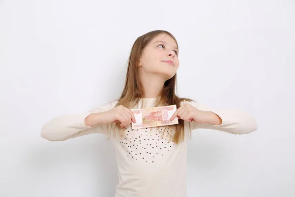 Russian Teen Girl Holding 5000 Rubles Five Thousands Roubles Cash — Stock Photo, Image