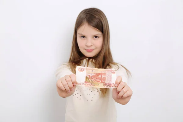 Russian Teen Girl Holding 5000 Rubles Five Thousands Roubles Cash — Stock Photo, Image