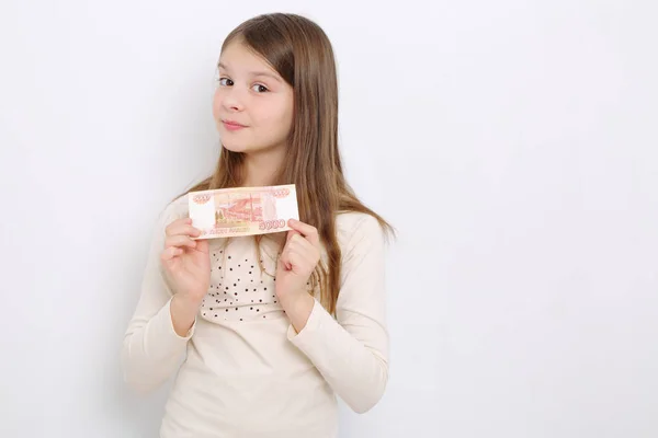 Russian Teen Girl Holding 5000 Rubles Five Thousands Roubles Cash — Stock Photo, Image