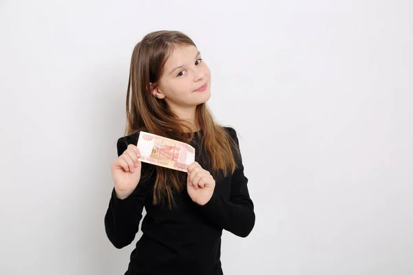 Russian Teen Girl Holding 5000 Rubles Five Thousands Roubles Cash — Stock Photo, Image