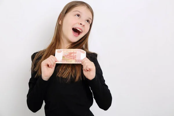 Russian Teen Girl Holding 5000 Rubles Five Thousands Roubles Cash — Stock Photo, Image